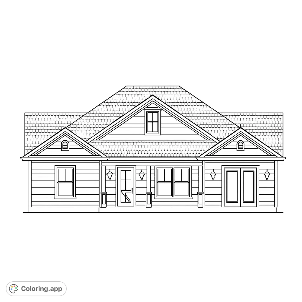 Explore a charming single-story house coloring page! Features a multi-gabled roof, detailed siding, inviting porch, and classic lanterns. Perfect free printable coloring page.