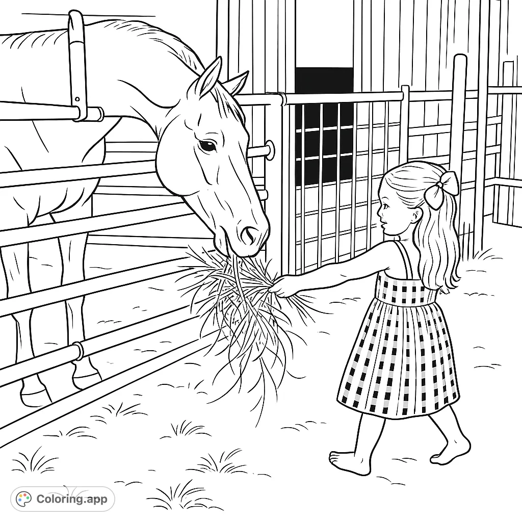 Girl Feeds Horse at Farm