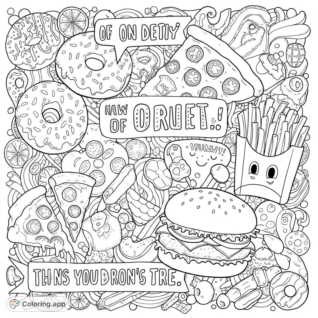 Dive into a delicious food doodle coloring page! Featuring burgers, fries, pizza, donuts, and more. A fun, free printable coloring page for all ages.