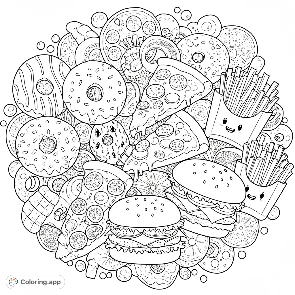 A delicious circular medley of pizza, donuts, burgers, and fries, perfect for a fun food-themed coloring adventure. Free printable fast food coloring page.