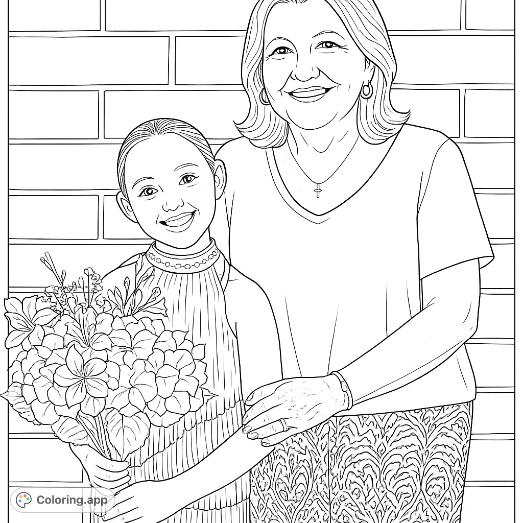 A heartwarming free printable family coloring page featuring a smiling grandmother and granddaughter with a beautiful floral bouquet against a brick wall.