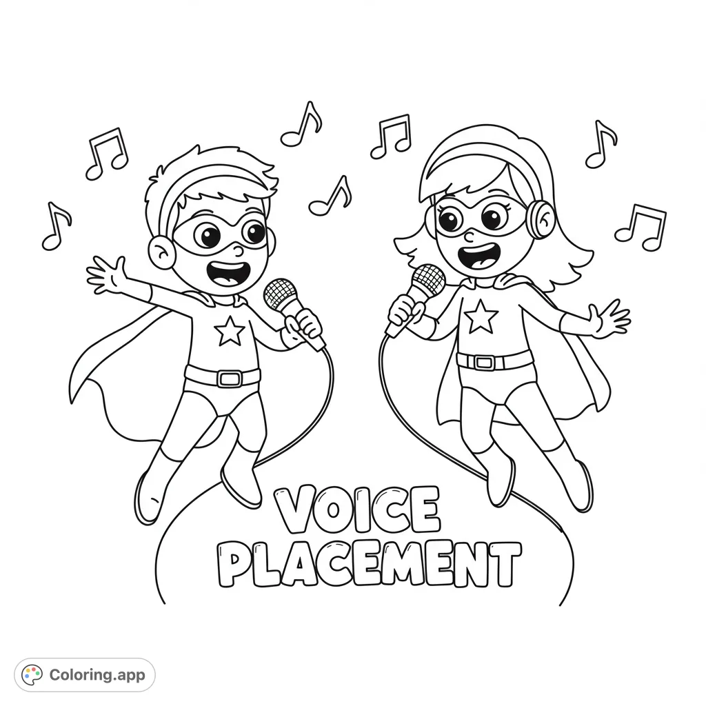 Dynamic superhero kids sing with microphones, surrounded by musical notes. A fun, free printable superhero music coloring page for kids and adults.