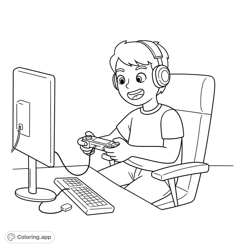 A happy boy with headphones plays video games on a monitor, holding a controller. A fun, free printable gaming coloring page for kids and adults.