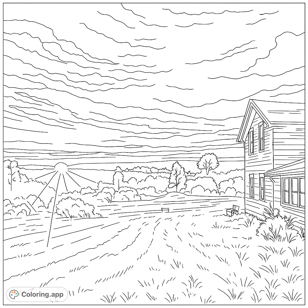 Explore a peaceful rural landscape coloring page featuring a charming farmhouse, winding path, and a beautiful sunset over rolling hills. Perfect for relaxation.