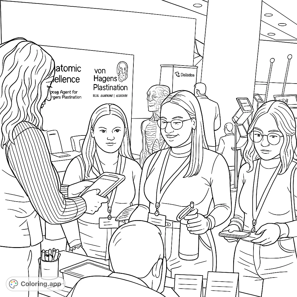 Explore a bustling convention booth with attendees interacting, surrounded by anatomical exhibits. A detailed free printable coloring page for all ages.
