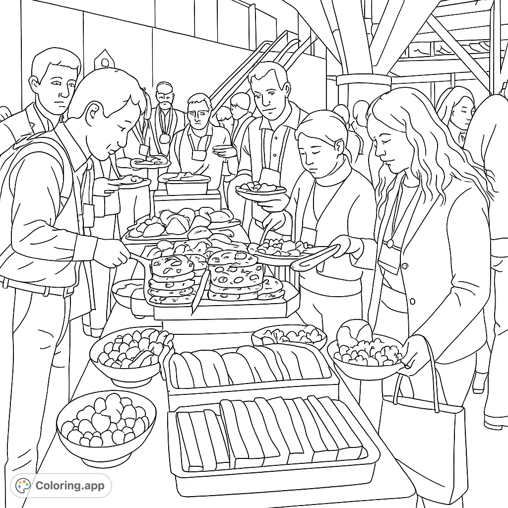 Conference Buffet Line Coloring Page