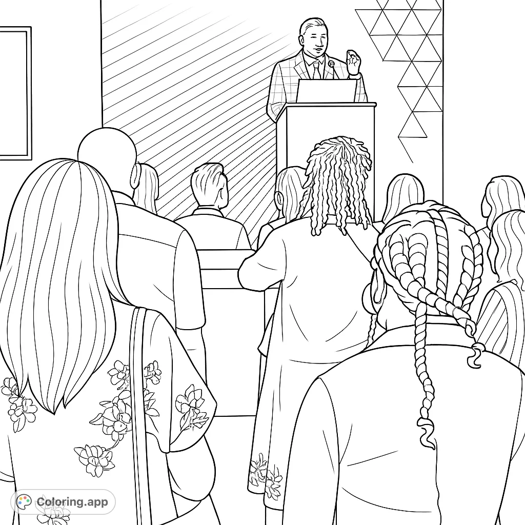 Engage with this dynamic conference coloring page featuring a speaker at a podium addressing a diverse audience. Perfect for all ages!