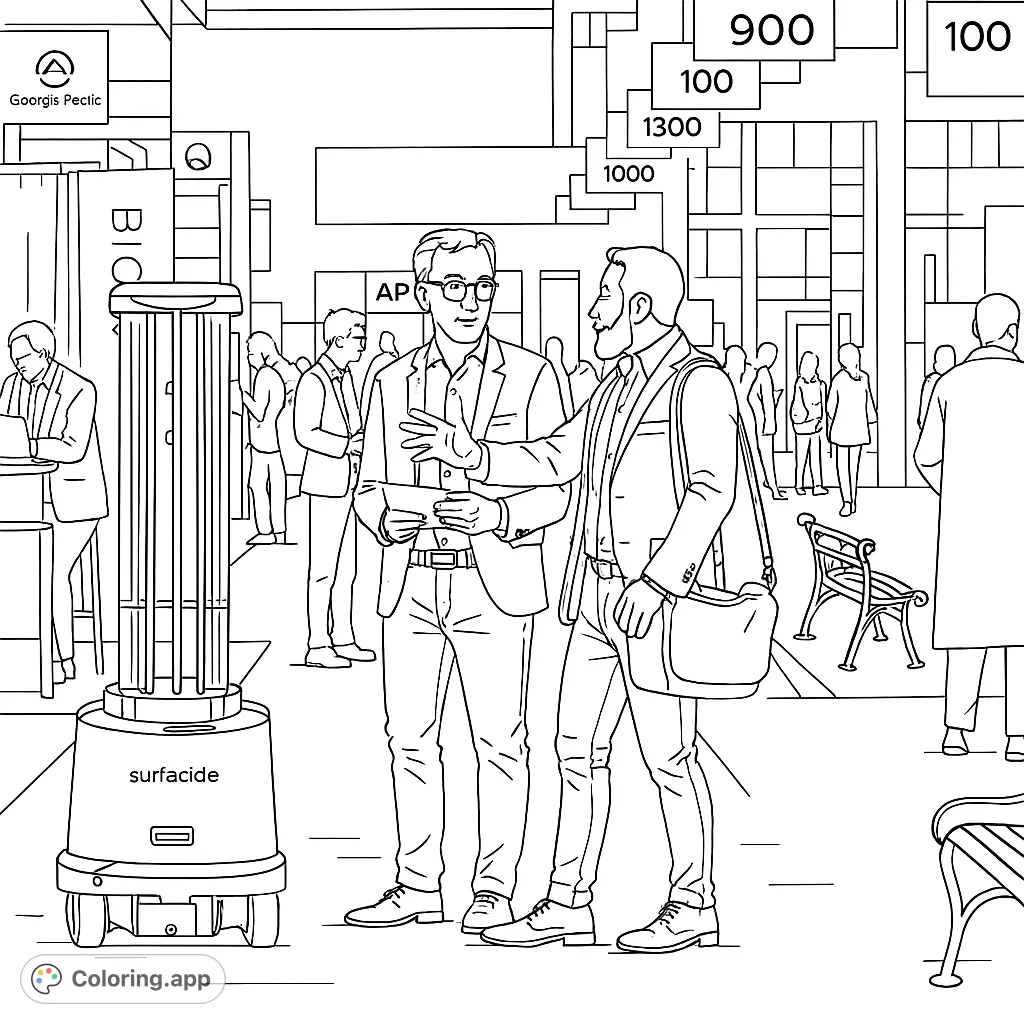 Explore a modern urban tech coloring page featuring two businessmen, a futuristic robot, and a bustling city street. Free printable for adults.