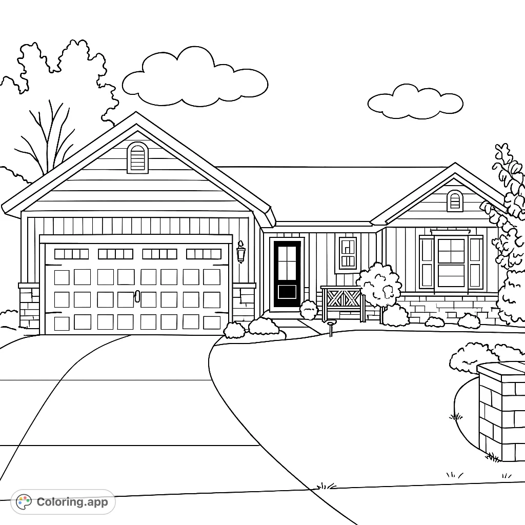 A delightful suburban home coloring page featuring a house, garage, and landscaped yard. Perfect free printable coloring page for kids and adults.