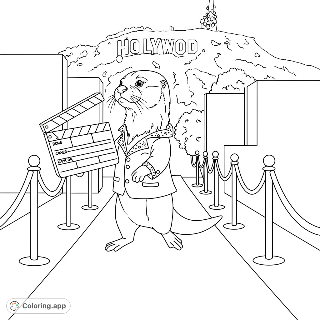 A dapper otter on a red carpet, holding a clapperboard, with a famous sign hill in the background. A fun, free printable Hollywood-themed coloring page.