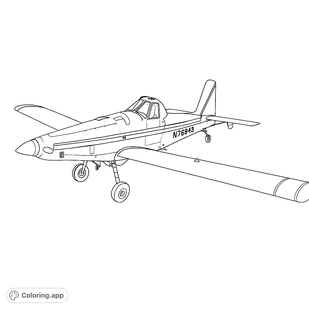 Detailed crop duster plane coloring page, perfect for aviation enthusiasts. Free printable aircraft coloring page for kids & adults, featuring a unique agricultural plane.