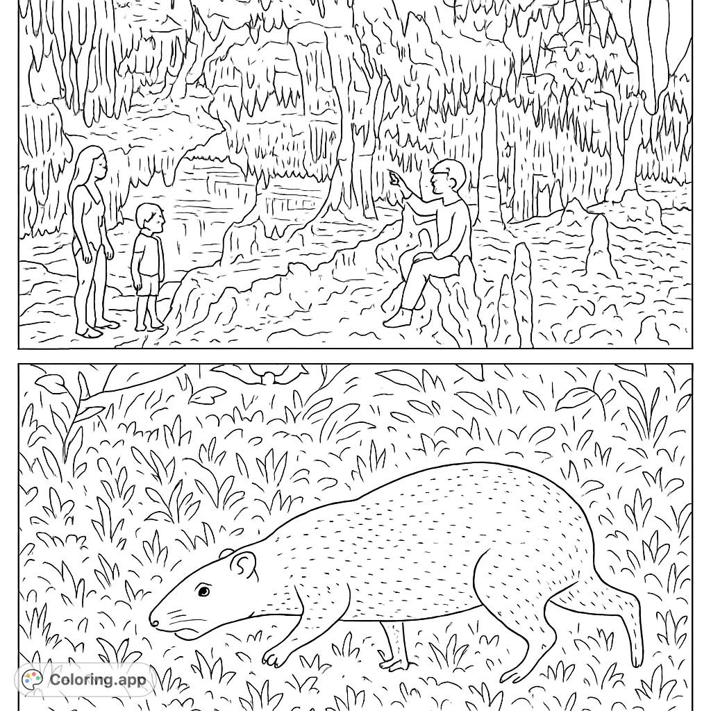 Explore a mysterious cave with intricate formations and a reflective pool, alongside a foraging agouti in a grassy field. A unique nature and adventure coloring page.