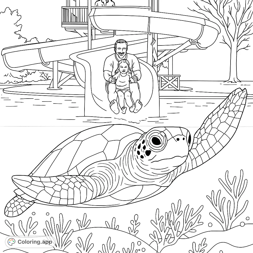 Dive into an ocean adventure! This sea turtle coloring page features a majestic turtle swimming among detailed coral, perfect for all ages.