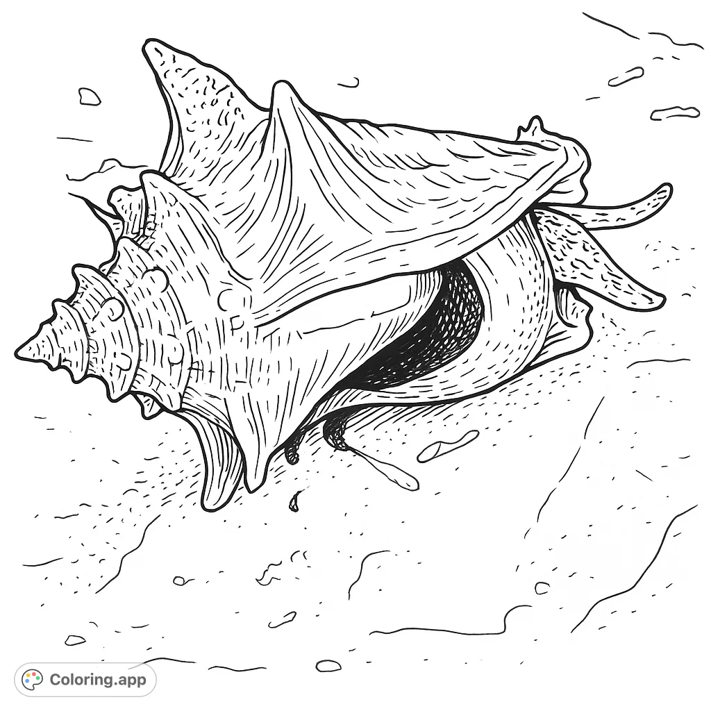 Detailed conch shell resting on a sandy beach, revealing a glimpse of the creature within. Perfect for ocean and nature enthusiasts.