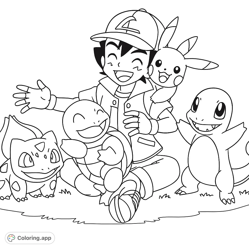 Join Ash, Pikachu, Squirtle, Bulbasaur, and Charmander in a joyful Pokémon coloring page. Free printable for fans of all ages!