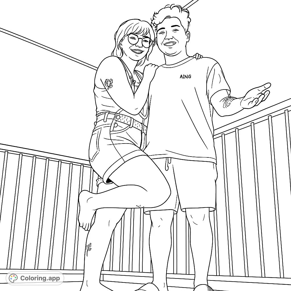 A joyful couple stands on a balcony, smiling warmly. This free printable coloring page is perfect for personalizing a friendship or love-themed artwork.