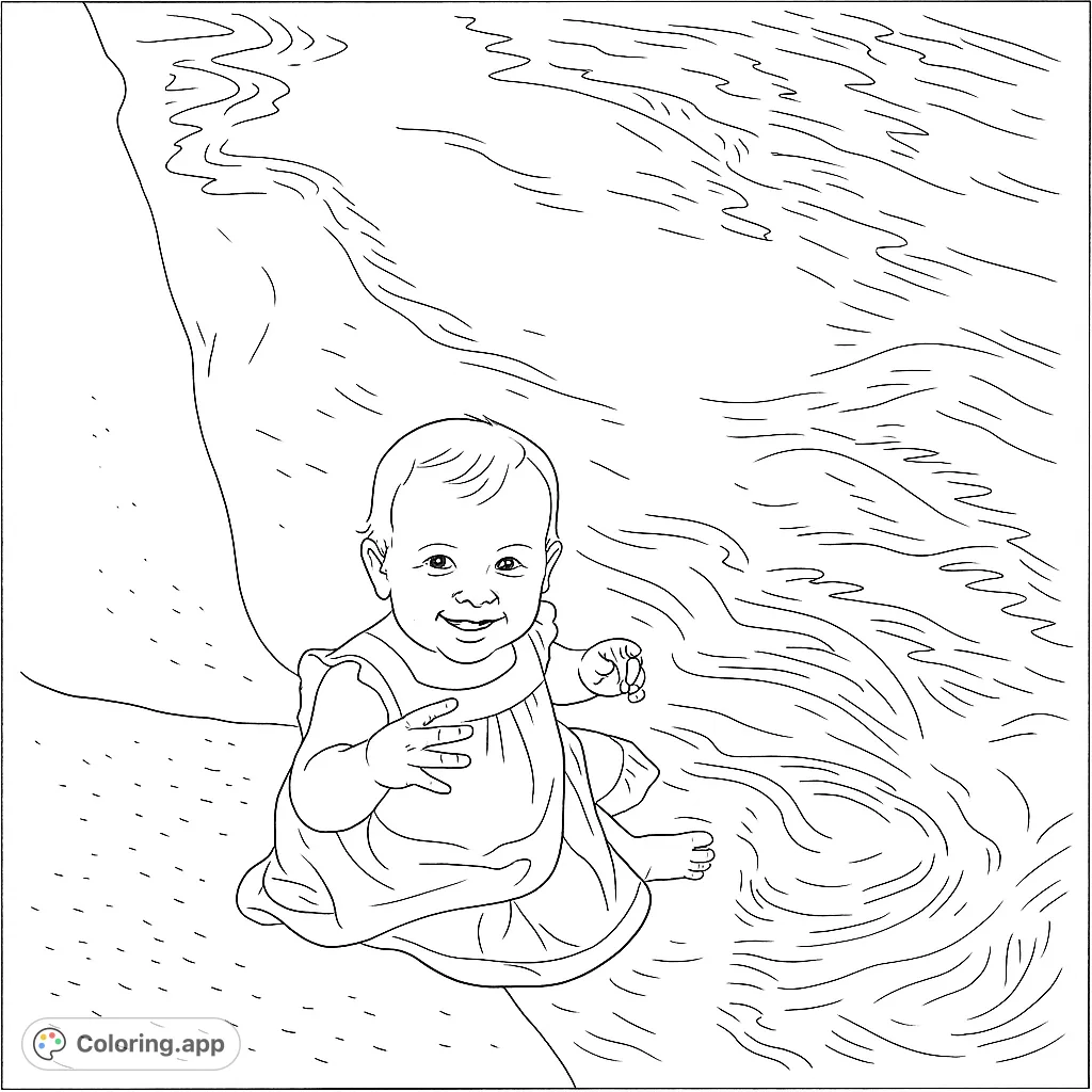 A delightful baby sits smiling by the water's edge, with detailed line patterns for sand and swirling water, perfect for a free printable coloring page.