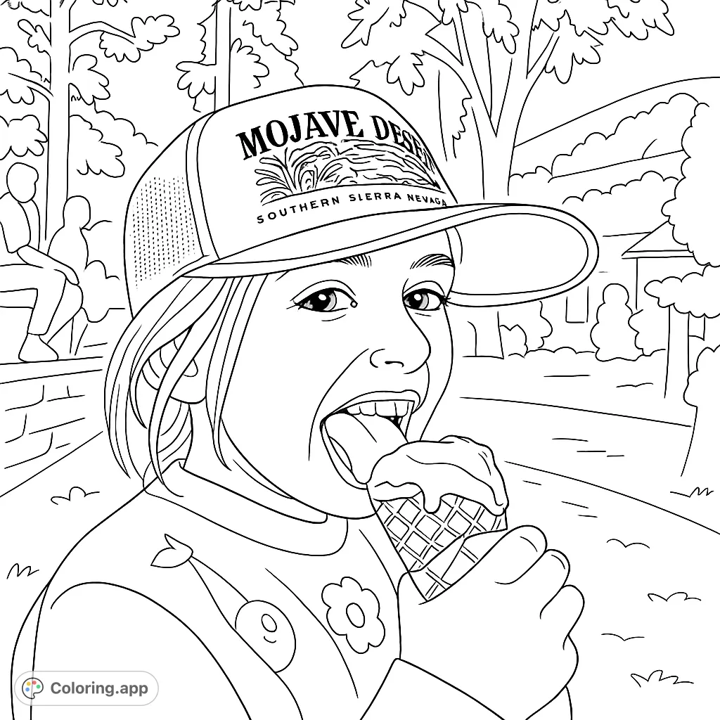 A joyful girl eagerly licks a melting ice cream cone, capturing a sweet summer moment. A fun, free printable ice cream coloring page!
