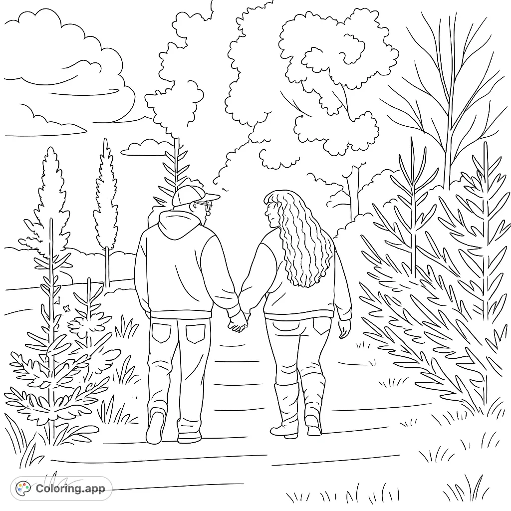 A heartwarming free printable coloring page featuring a couple holding hands, walking along a scenic path surrounded by lush nature and trees.