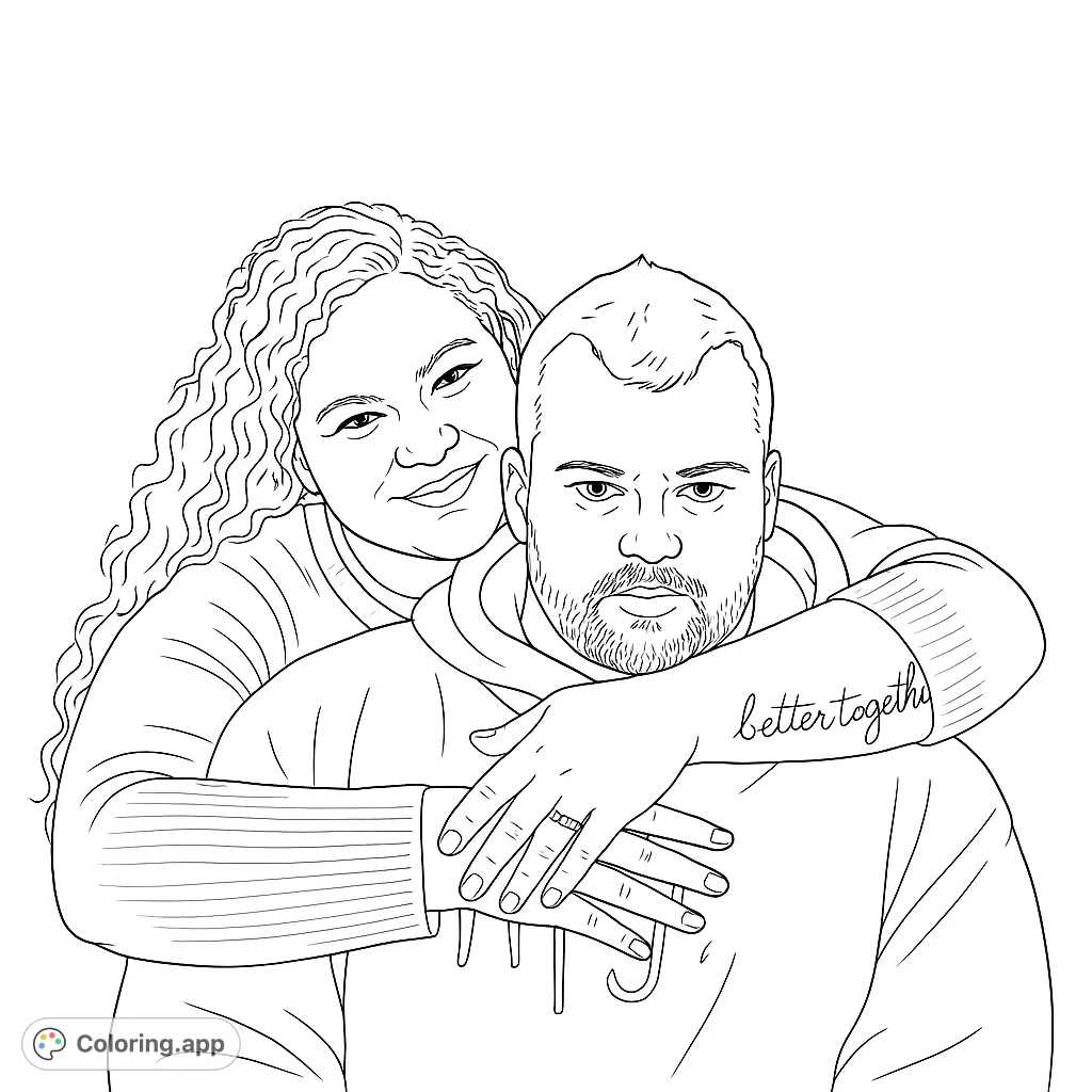 A heartwarming couple's portrait, perfect for celebrating love. Features a woman embracing a man from behind, with intricate details for a personal touch.