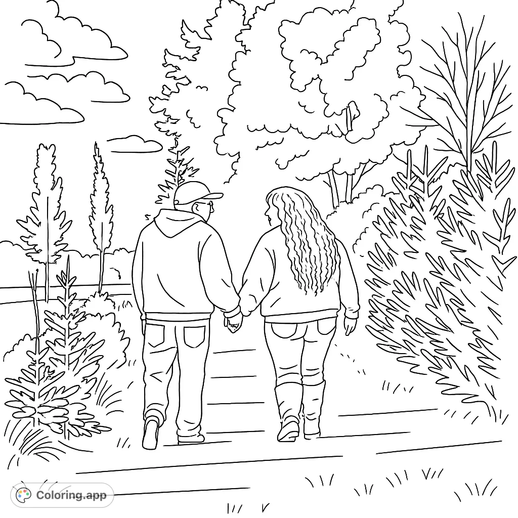 Color a romantic walk in nature! A couple holds hands, strolling through a serene landscape with trees, bushes, and clouds. Perfect for all ages.
