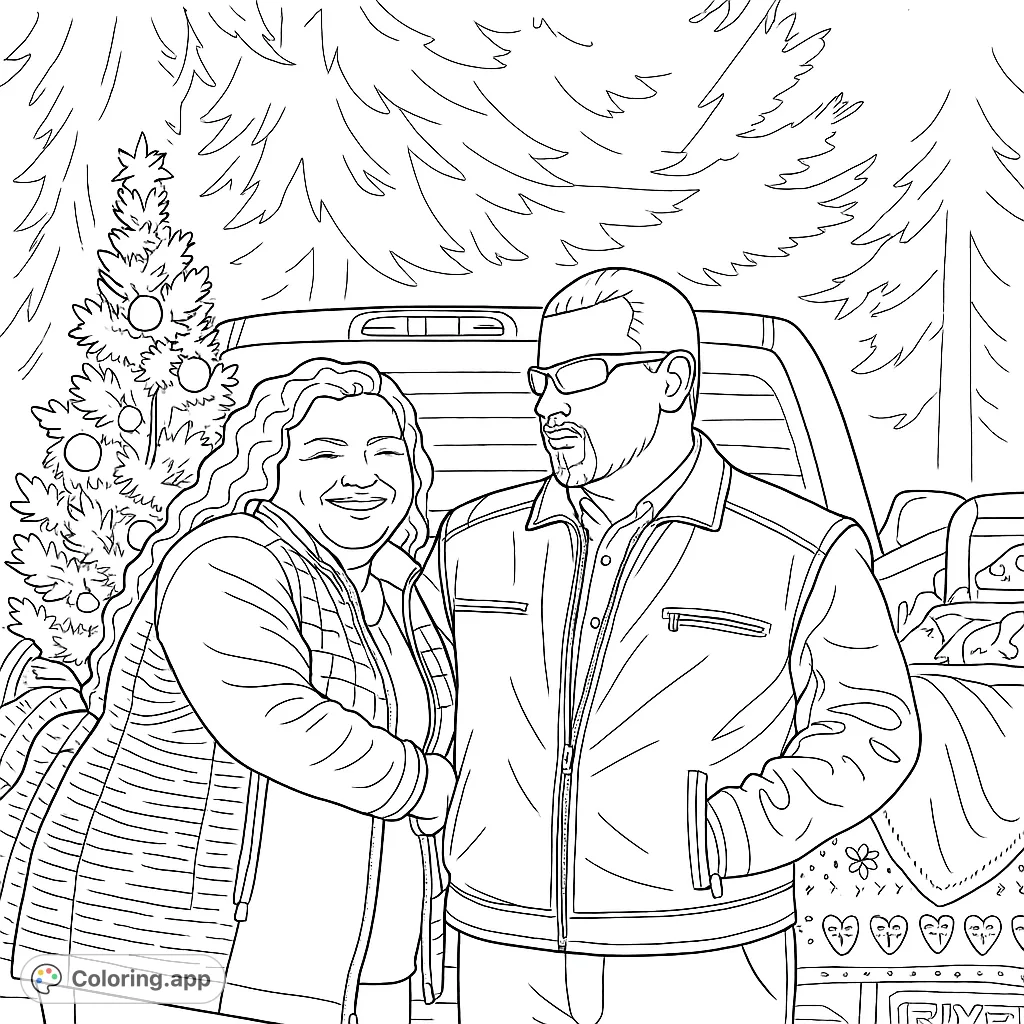 Celebrate the holidays with this charming couple and their festive Christmas tree by a pickup truck. A heartwarming free printable coloring page.