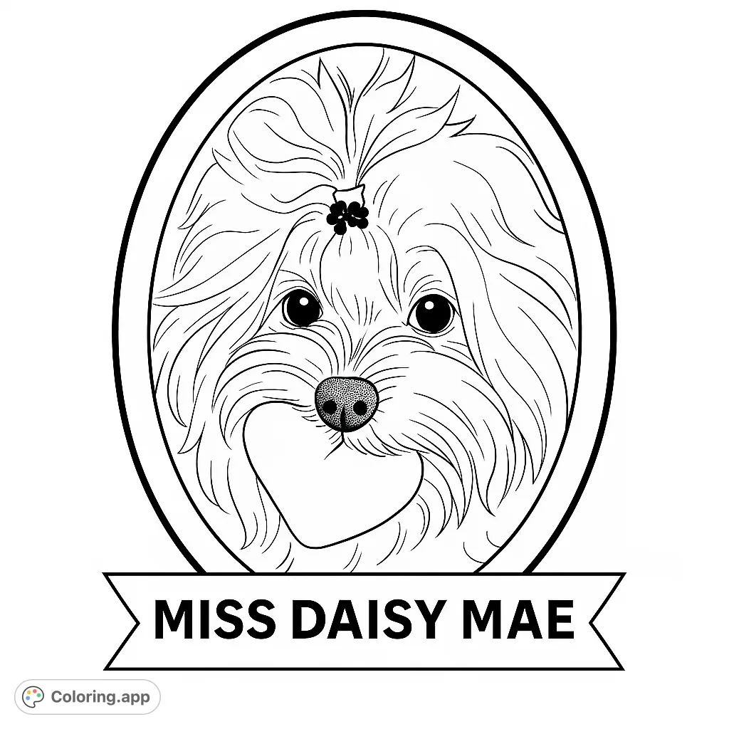 Adorable fluffy dog portrait in an oval frame with a heart-shaped fur detail and a blank banner. A charming free printable dog coloring page for all ages.
