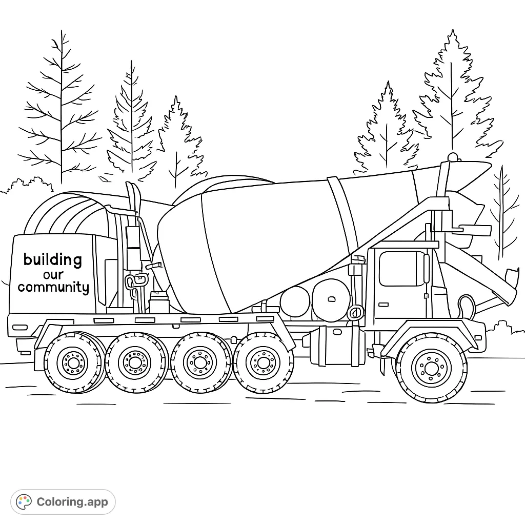 A detailed construction vehicle coloring page featuring a large cement mixer truck with a rotating drum and multiple wheels, set against a backdrop of pine trees.