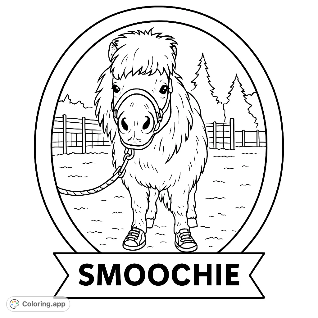 Adorable fluffy pony wearing a bridle and sneakers, framed in a circle with an empty banner. A charming free printable pony coloring page for kids.