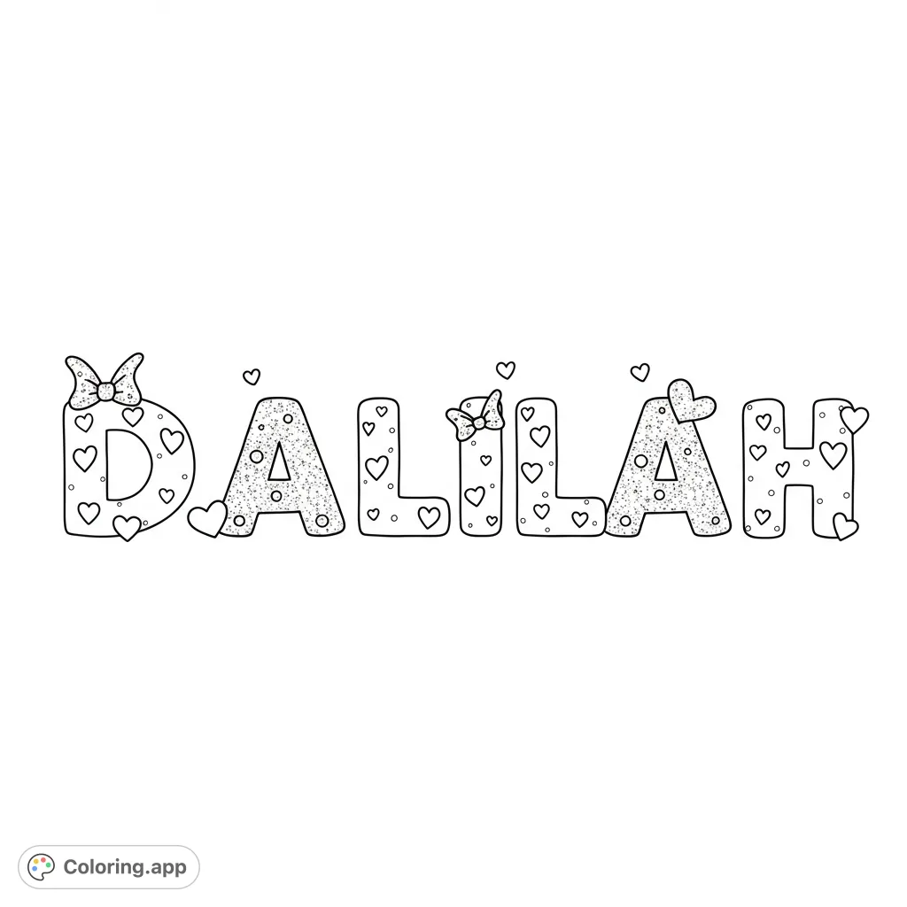 A charming Dalilah name coloring page featuring bubble letters adorned with hearts, circles, and bows. A free printable coloring page for personalized fun.