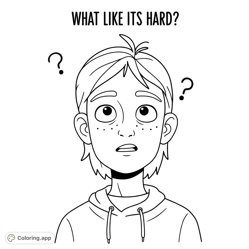 A free printable puzzled youth coloring page featuring a young person with a confused expression and floating question marks, perfect for kids and adults.