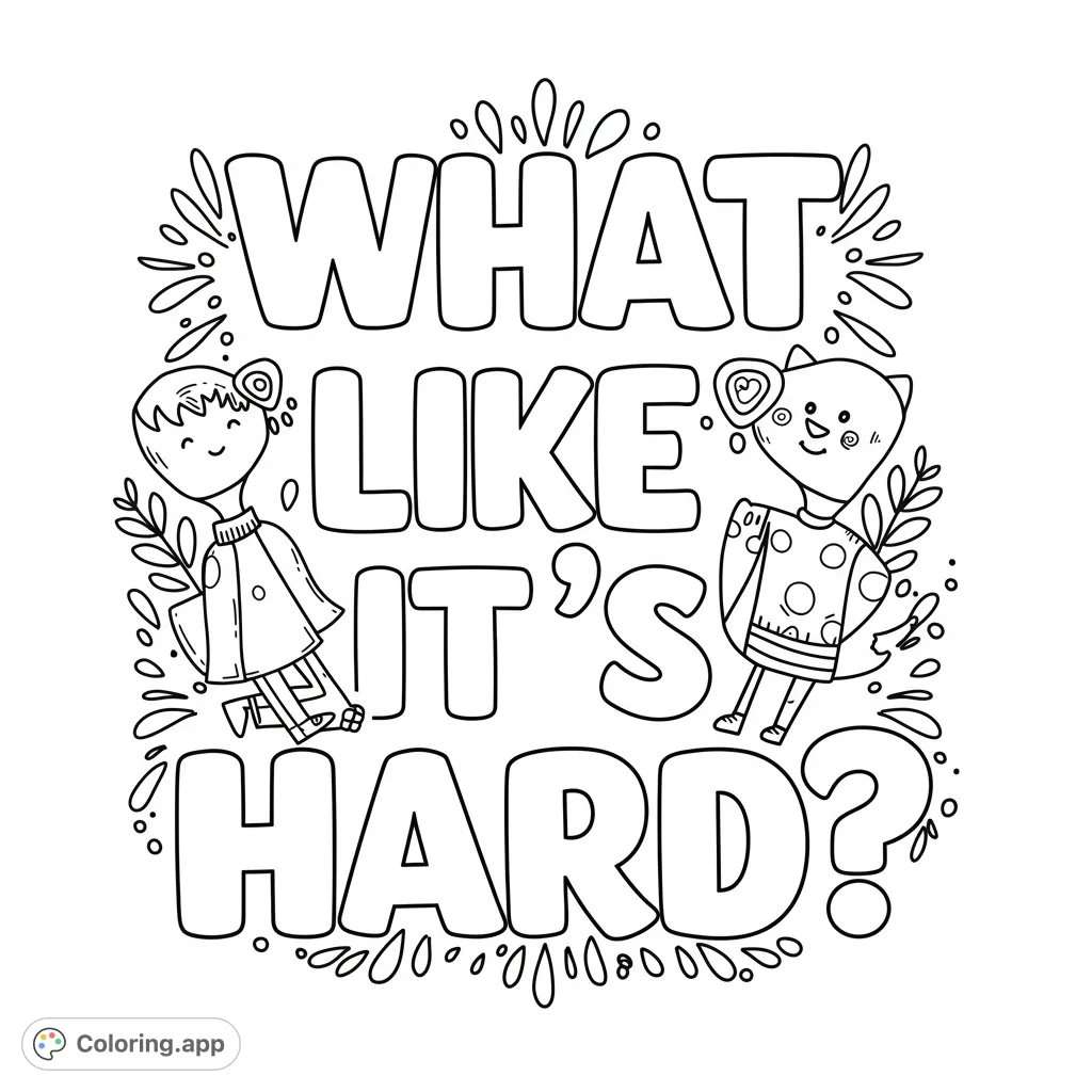 Sassy 'WHAT LIKE IT'S HARD?' quote coloring page with cute characters and decorative swirls. A fun, free printable for all ages.
