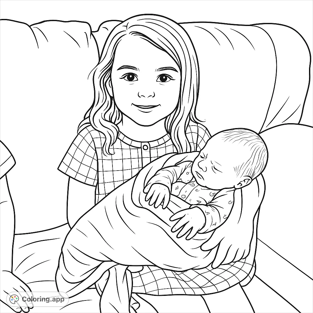 A heartwarming family coloring page featuring a big sister gently cradling her newborn sibling. Perfect for celebrating new arrivals and sibling bonds.
