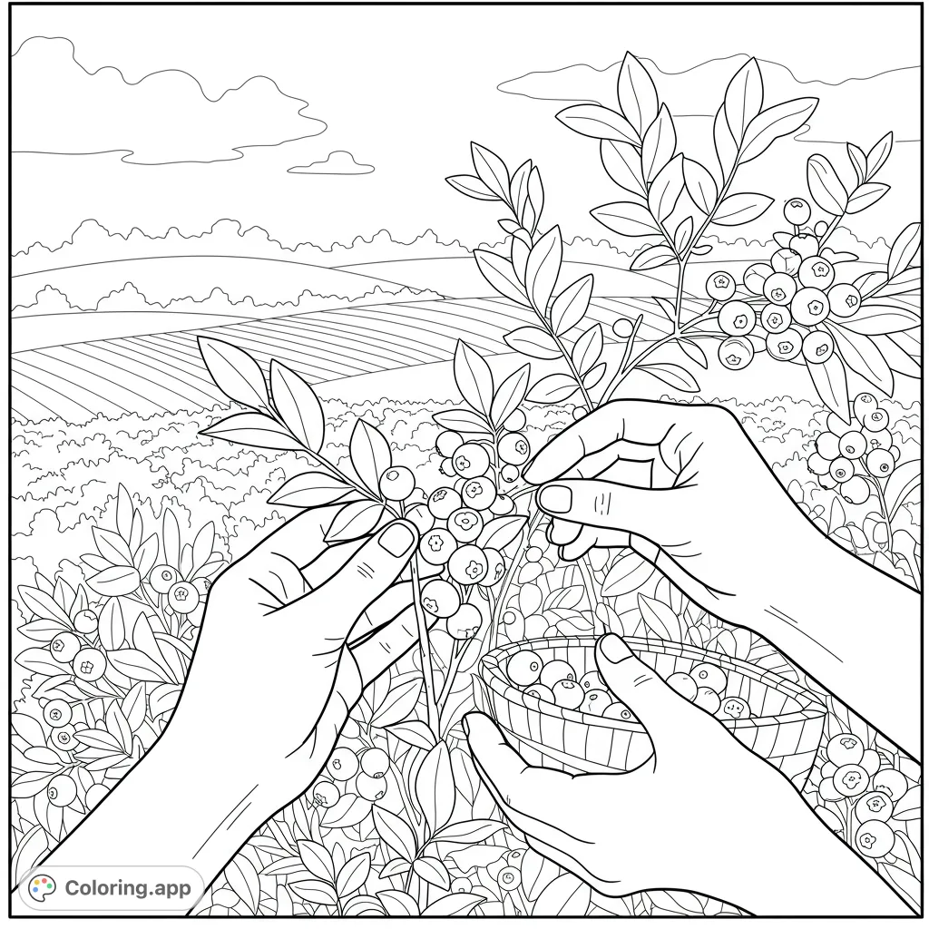 A delightful blueberry picking coloring page featuring hands harvesting ripe berries into a basket amidst lush bushes and rolling fields. Perfect for all ages!