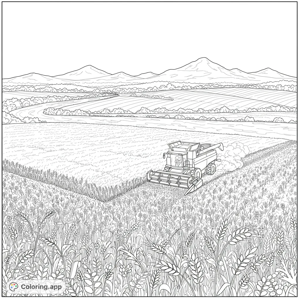 A detailed farm scene featuring a combine harvester working in a vast wheat field, with rolling hills and a river in the background. Perfect for all ages!