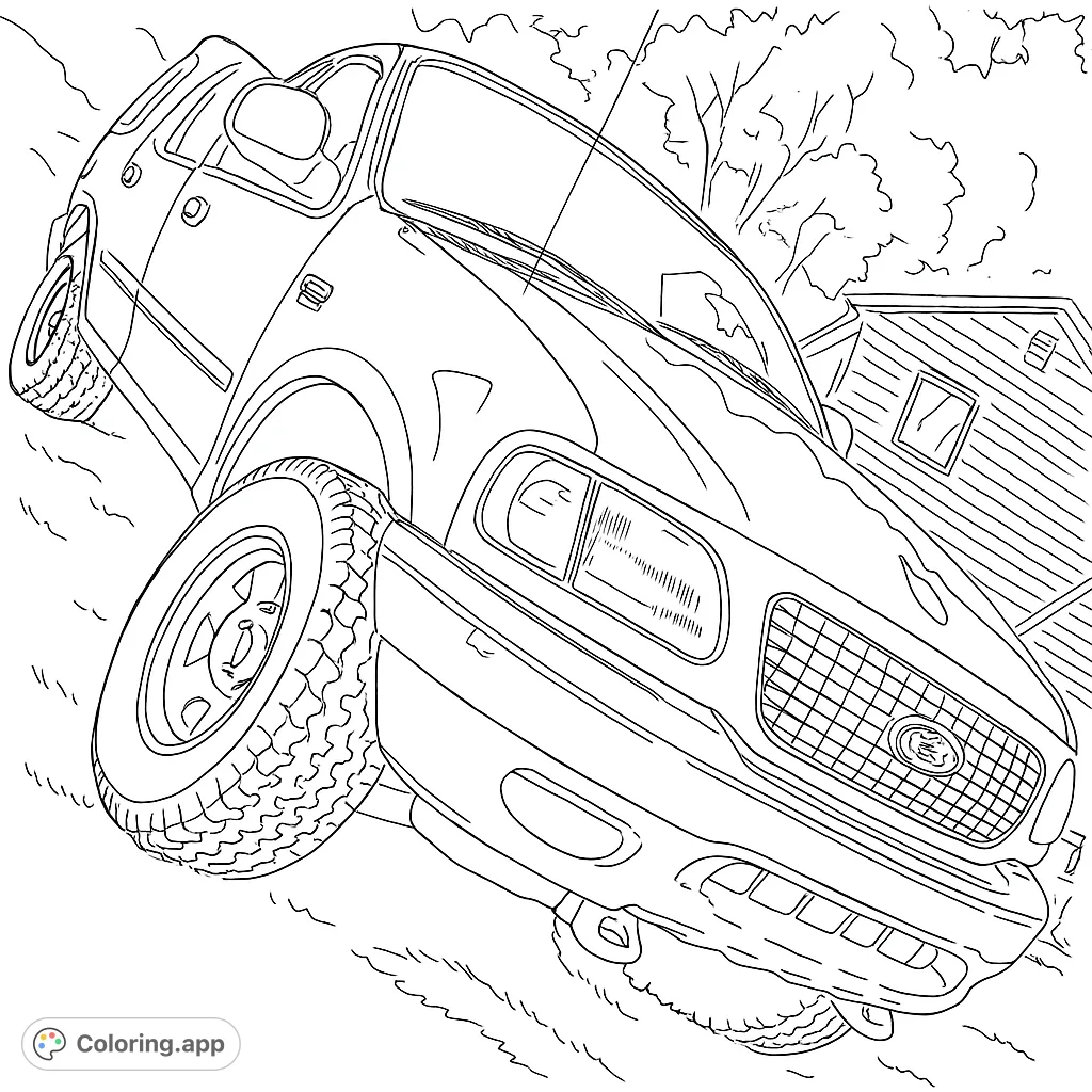 Dynamic SUV coloring page, perfect for vehicle enthusiasts. Features a large SUV tilted on an incline with detailed tires and a house background.