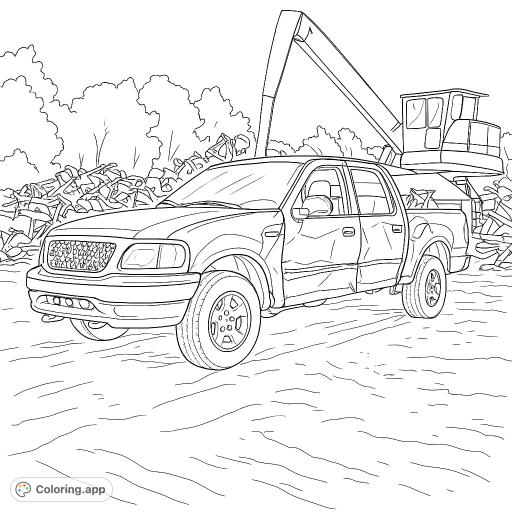 A rugged pickup truck parked amidst a vast junkyard, with an industrial crane looming over piles of scrap metal. A free printable industrial vehicle coloring page.