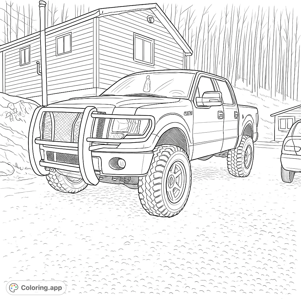 A powerful lifted pickup truck with a bull bar parked before a rustic cabin and a dense forest, ready for adventure. A free printable vehicle coloring page.