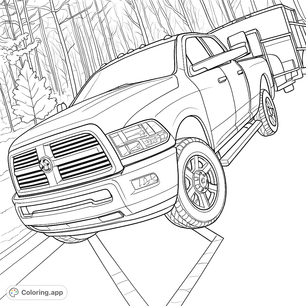 Explore the wilderness with this rugged pickup truck and trailer coloring page. Detailed lines for an engaging off-road adventure.