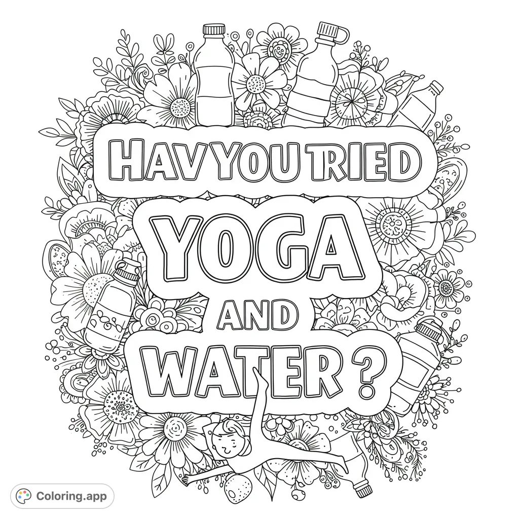 A refreshing yoga and wellness coloring page with a central quote, surrounded by intricate flowers, water bottles, and a serene yoga pose.