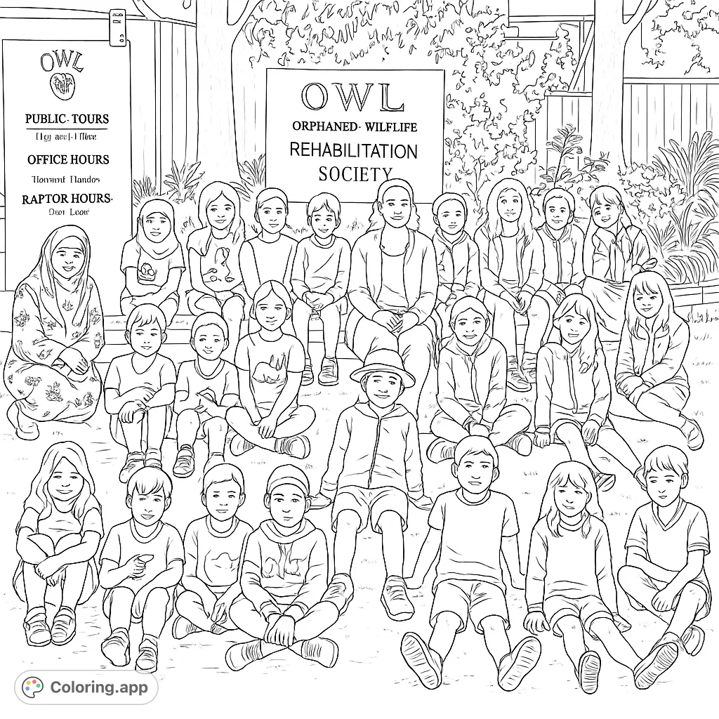 A heartwarming group portrait of children and adults at a wildlife rehabilitation society. Perfect for a free printable community coloring page.
