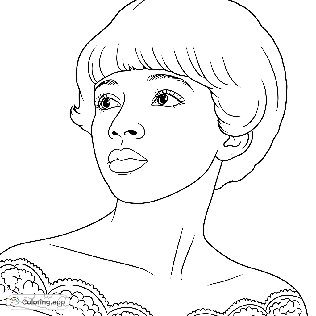 An elegant woman's portrait with a short bob and intricate lace detail, perfect for a sophisticated coloring experience. Free printable coloring page.
