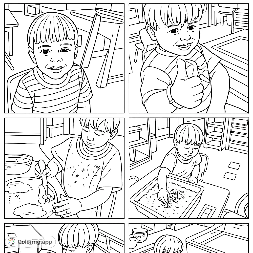 A delightful six-panel child's activities coloring page featuring a boy engaged in various playful learning moments, perfect for young artists.