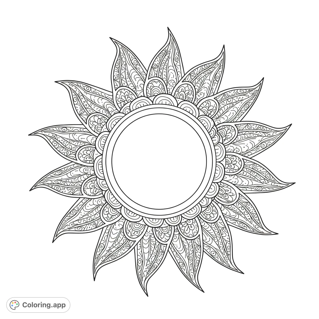 An intricate mandala sun blossom coloring page with a central frame and detailed radiating petals, perfect for mindful coloring and creative expression.