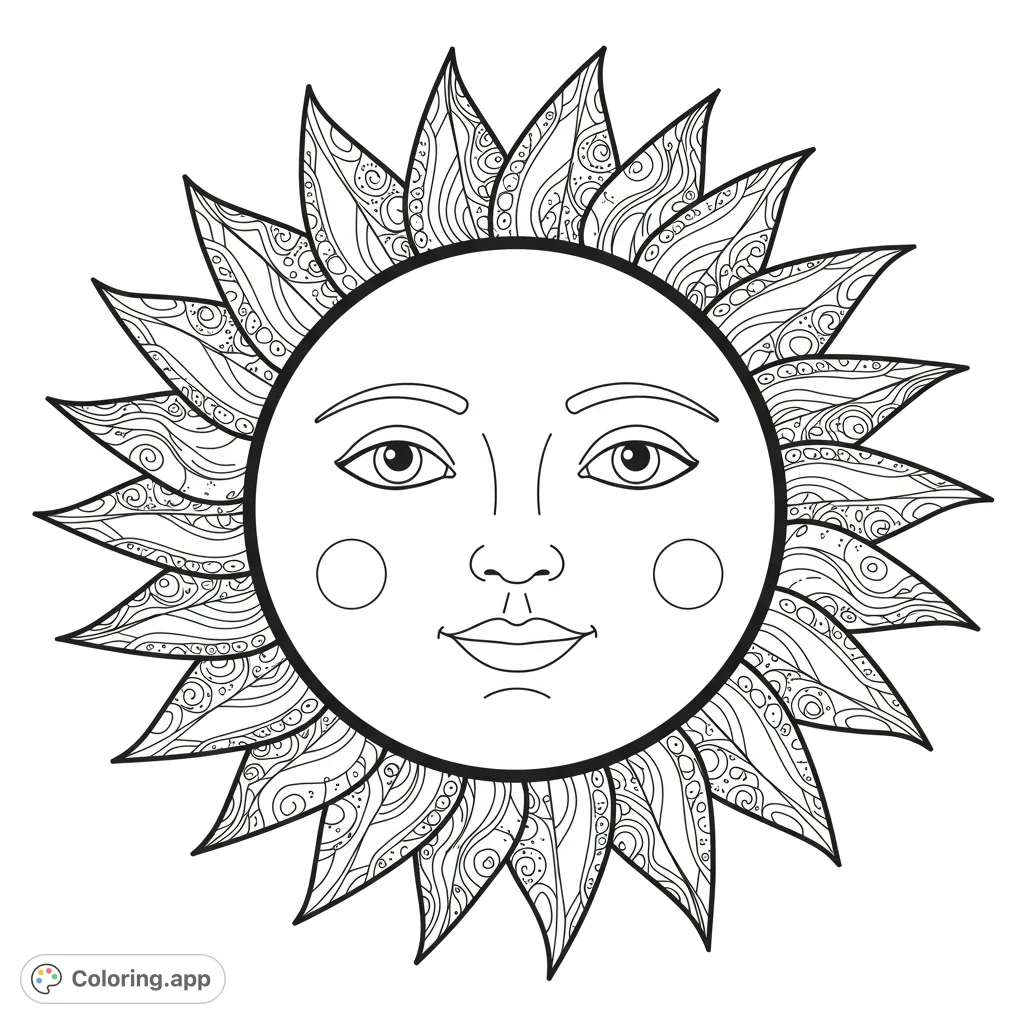 A captivating sun coloring page featuring a serene face surrounded by intricate, mandala-like patterned rays. A free printable coloring page for all ages.