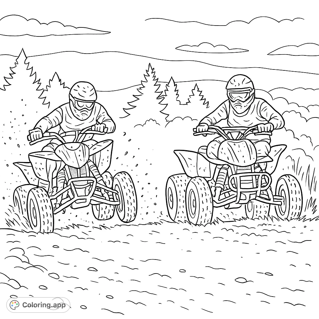 Experience the thrill of off-road adventure with this ATV coloring page! Two riders race across rugged terrain, perfect for action-packed coloring fun.