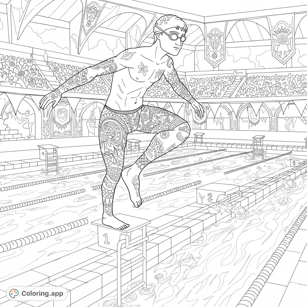 Dive into a magical swim contest with Harry Potter! An intricate design featuring detailed swim gear, ornate pool, and wizarding arena elements.