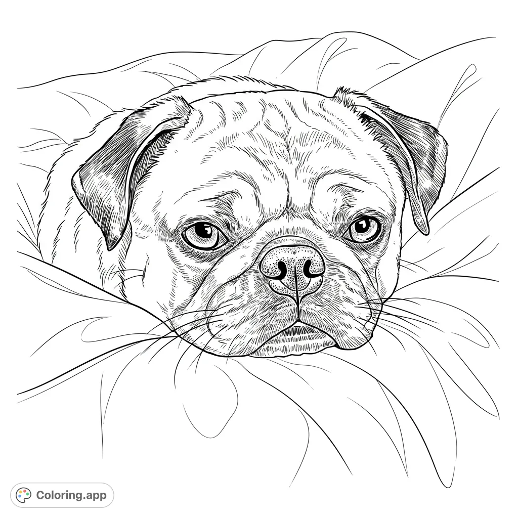 An intricate pug portrait with a vintage aesthetic, featuring detailed wrinkles, fine fur, and a complex crosshatching background. Perfect for adults.