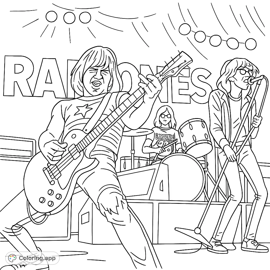 Dynamic rock band on stage, performing live with instruments and stage lights. A high-energy scene perfect for music lovers.
