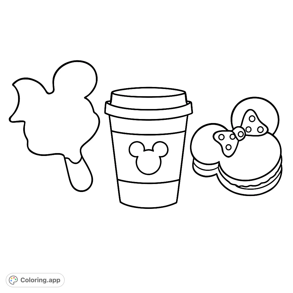A delightful character-themed coloring page featuring a mouse-eared popsicle, coffee cup, and macaron, perfect for fun and creative coloring.